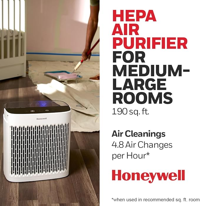 Honeywell HEPA Air Purifier for Home, 938 Ft² Rooms in 1 hour, Turbo Clean, Reduces Allergens, Dust, Pollen, Pet Dander, All Smoke Types, Odors, White, HPA5100W
