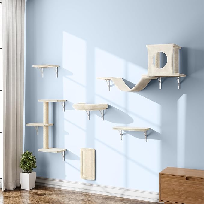6-in-1 Cat Wall Shelves, Wooden Climbing Wall with Scratching Post, Wall Mounted Cat Furniture for Climbers, Space-Saving Cat Wall for Play & Rest, Drywall & Solid Walls