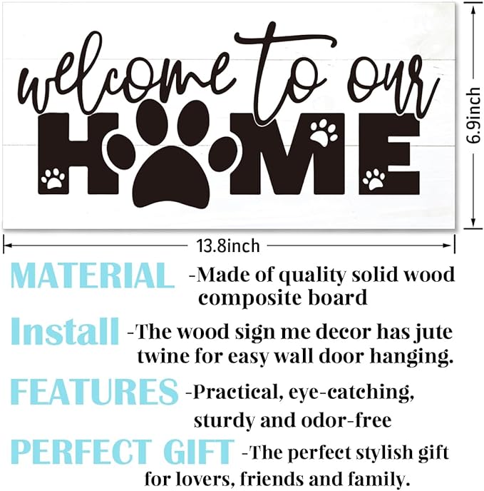 Welcome Sign for Front Door, Front Door Decor Wooden Hanging Sign for Wall Decor, Welcome to Our Home, Pet Lover Wall Signs, Rustic Funny Wooden Outdoor Hanging Decoration 13.8X6.9 inches