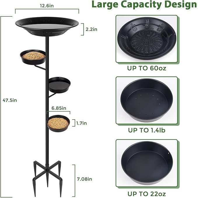 BOLITE Bird Bath for Outside, Metal Freestanding Birdbaths with Bath Bowl and Seed Bowl, Hummingbird Feeders for Outdoors Garden Patio Yard Lawn Decor, Black, Gifts for Mom Dad, Gifts for Women Men