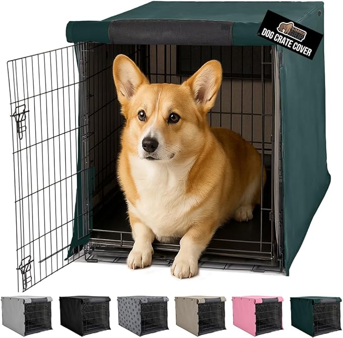 GORILLA GRIP Dog Crate Covers Compatible with Amazon Basics Dog Crates, All Sides Open, Privacy Cover Fits 30" Wire Kennel, Breathable Mesh Windows, Light Reducing Training Cage Topper, Hunter Green