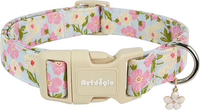 Dog Collar for Small Medium Large Dogs, Spring Blue Dog Collars with Pink & White Flowers, Adjustable Cotton Dog Collars, Cute Girl or Boy Dog Collar Ideal for Gifts,Pet Accessory,L