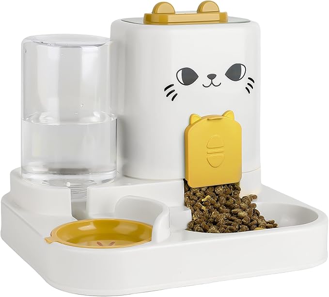 2-in-1 Gravity Pet Feeder & Water Dispenser for Cats Dogs - Large Capacity Cat Food Station with Water Bowl, Travel-Friendly (Yellow)