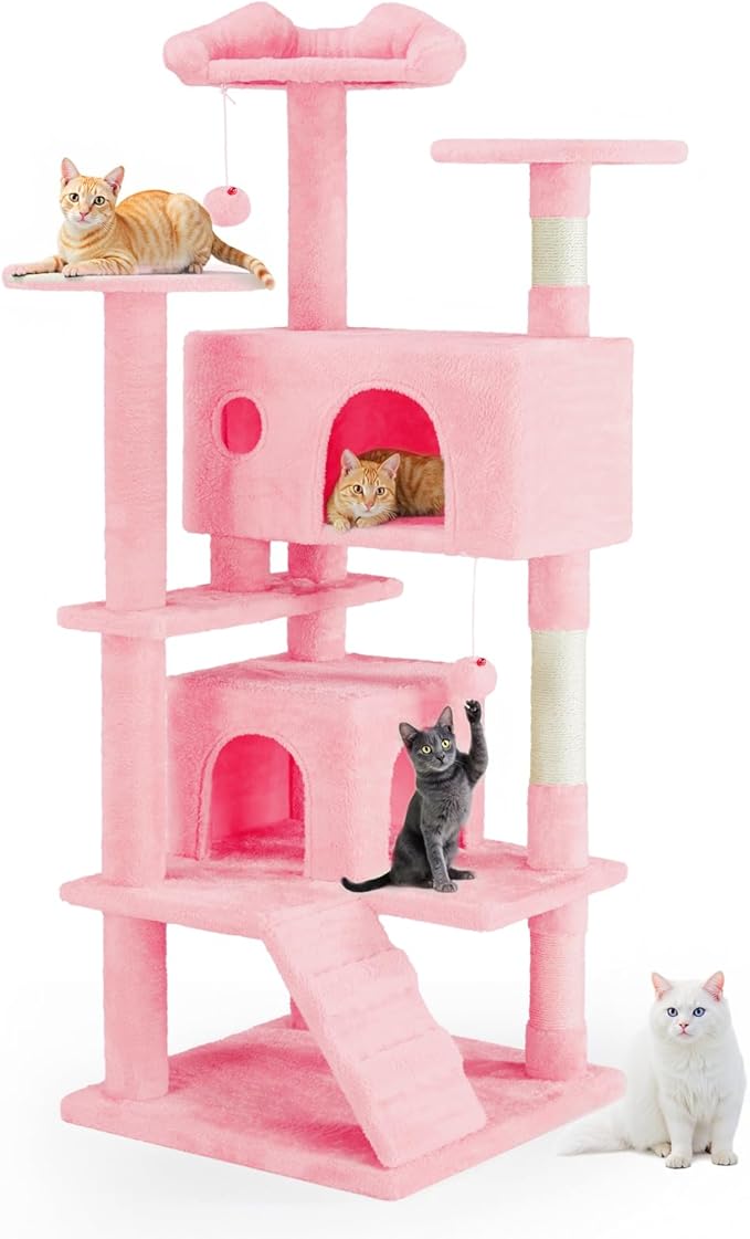 Cat Tree 54 Inch, Multi-Level Cat Tower with Condo, Perches, Sisal Scratching Posts and Climbing Ladder, Pet Play Toy Balls House for Indoor Cats, Pink