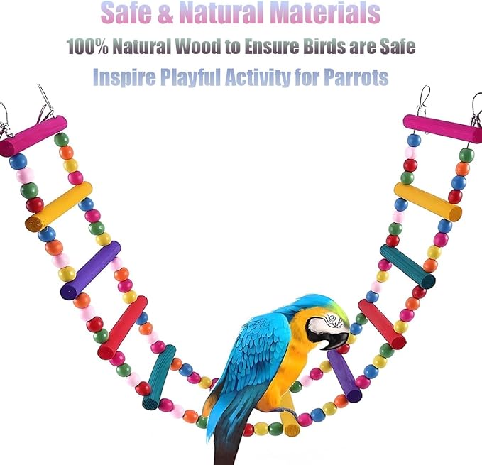 Bird Toys for Parrots Parrot Bridge, Swing Toys, and Ladders for Macaws, African Greys, Budgies, Cockatiels & Parakeets - Wooden Bird Ladder and Swing Toys for Play and Training (30Inch - 12 Ladders)
