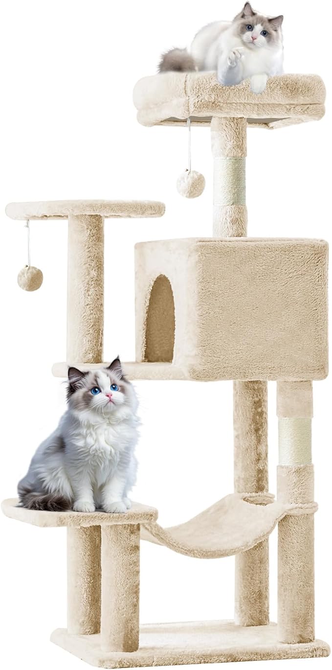 Sweetcrispy 44 Inch Cat Tree Tower, Cat Climbing Tower with Natural Sisal Scratching Posts, Hammock, Pet Condo for Indoor Cats and Kittens Play, Beige