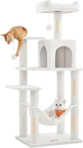 Feandrea Cat Tree, 55.1-Inch Cat Tower, Plush Multi-Level Condo with 4 Scratching Posts, 2 Perches, Hammock, Cave, Cream White UPCT161T01