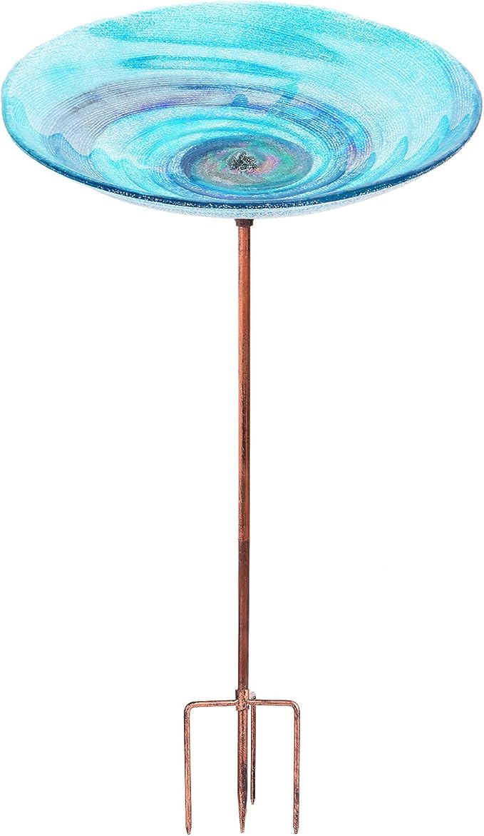 VCUTEKA Outdoor BirdBath Glass Bird Bath Garden Bird Feeder with Metal Stake