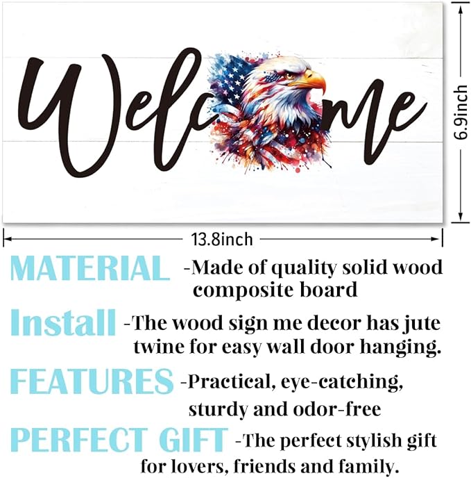 Welcome Sign for Front Door, Welcome Decor Wooden Hanging Sign for Wall Decor, American Bald Eagle Pattern Hanging Signs, Funny Wooden Outdoor Front Door Decoration 13.8X6.9 inches
