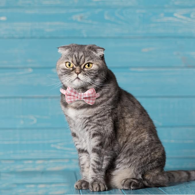 AIITLE Breakaway Cat Collar with Cute Bow Tie and Bell, Detachable Adjustable Safety Collars for Girl Cats and Boy Cats, Kittens, Puppy, Soft Stylish Plaid Patterns Cat Collars,Pink