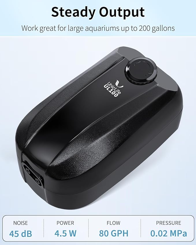 Uniclife Aquarium Air Pump Dual Outlet Fish Tank Aerator with Accessories for 5-200 Gallon Tank