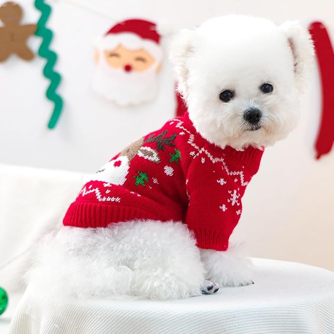 Christmas Dog Outfit Red Puppy Sweater for Small Dogs Girl Boy Elk Snowflake Cat Knitwear Reindeer Knitted Pet Clothes Santa Deer Costume for Chihuahua Yorkie Poodle (Red-2, Large)