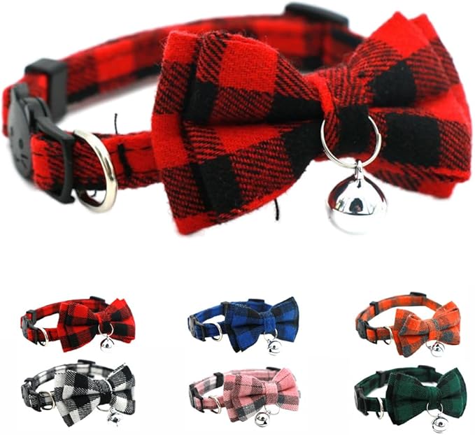 Red Plaid Cat Collar with Bell and Bow, Breakaway Kitten Collar with Bells Bowtie Puppy Collars for XXS Xs Small Little Tiny Pet Dogs Boy Girl, for Christmas Hoilday Birthday Party