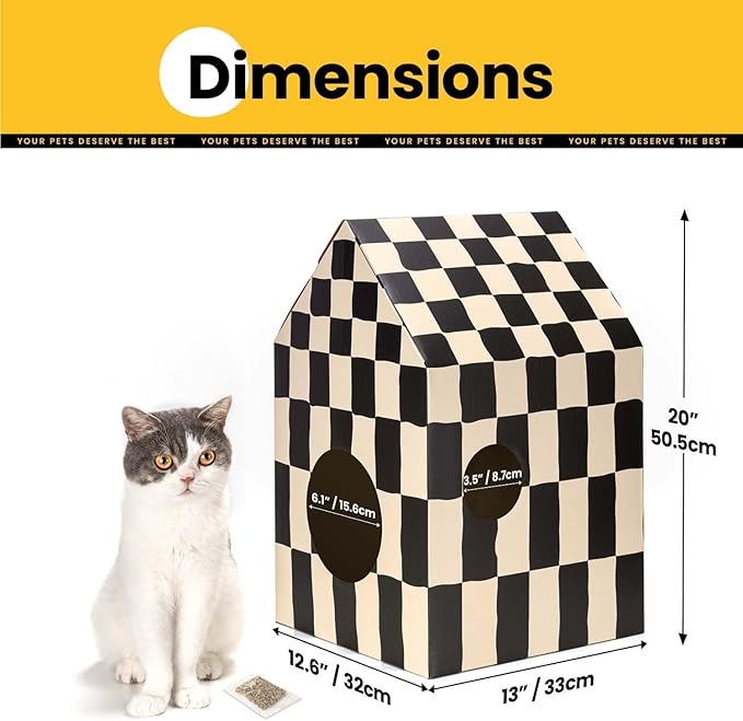 Cardboard Cat House with Scratch Pad & Catnip, Cat Play Scratching House for Indoor Hideaway Furniture, Heavy Duty Sturdy Cardboard Scratcher, Easy to Assemble Birthday Gift, Medium