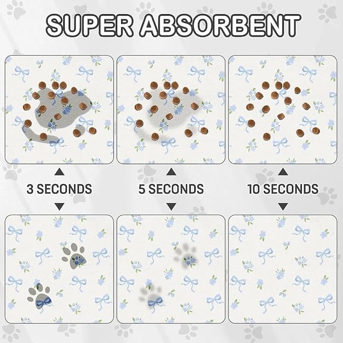 Dog Food Mat for Pet Cat Food Mat, Blue Bows Floral Absorbent Quick Dry Dog Bowl Mats for Food and Water, Non-Slip Cat Pet Feeding Mats for Floor Placemats 12"x20"