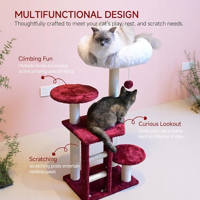 Cat Tree, 37.4-Inch Cat Tower with Plush Cozy Perch for Indoor Cats, Sturdy Tower with Fully Sisal-Wrapped Columns and Plush Toy Ball for Kitty Play, Red