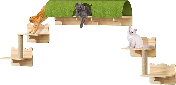 7-in-1 Cat Wall Shelves and Perches, Floating Cat Shelves Set, Solid Wood Wall Cat Furniture(Set of 7), Cats Climbing Shelves with Bed, Steps, Scratching Post and Tunnel