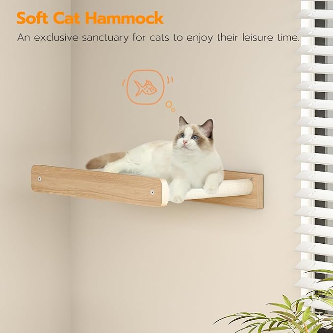 HOOBRO Wood Cat Wall Shelves, Set of 5 Modern Cat Wall Furniture with Corridor, Plush Hammock, Steps, Scratcher and Climbing Shelves for Playing, Sturdy, Durable and Safe, Natural NL45CS03