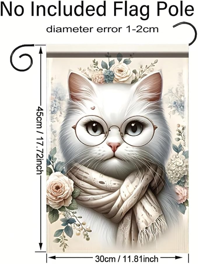 Cat Garden Flag 12x18 Inch Double Sided Outdoor Yard Banner White Cat with Glasses and Scarf Floral Design for Spring Summer Patio Porch Lawn Decoration