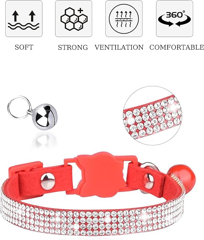 Solmoony Breakaway Cat Collars with Bell,Adjustable Safe Kitten Collar,Cat Collars for Girl Cats with Rhinestone Soft Velvet (Pink1)