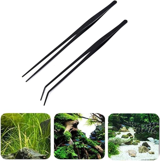 2 Pack Aquarium Forceps, 15 inch Long Handle Aquarium Tweezers Stainless Steel Straight and Curved Tweezers Set for Fish Tank Aquatic Plants Long Handle Reptile Feeding Tongs, Black