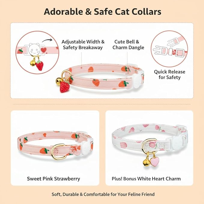 2-Pack Cotton Breakaway Cat Collar with Bell - Pink Strawberries & White Heart Pendant, Adjustable Soft Kitten Collar for Safety and Comfort
