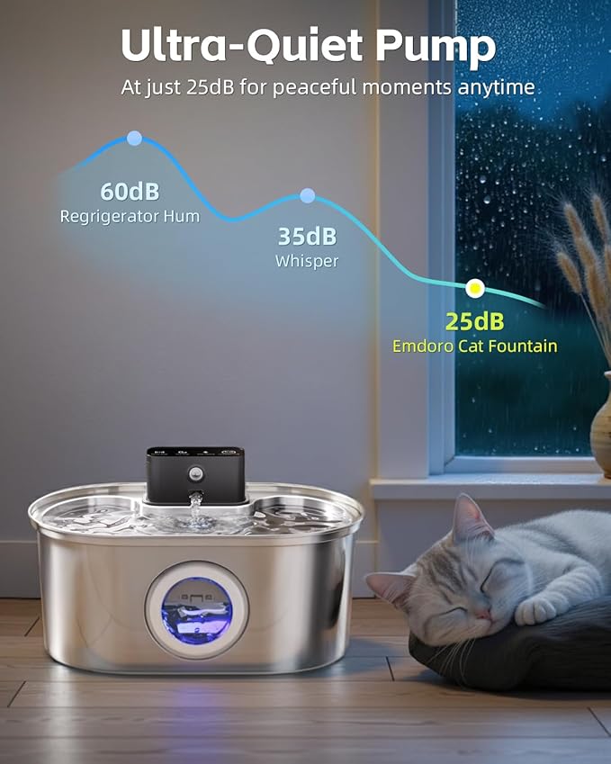Cat Water Fountain Wireless - Stainless Steel 3.2L/108oz Cordless Pet Fountain - Battery Operated Automatic Water Dispenser for Cats Indoor, with Motion Sensor & Quiet Pump