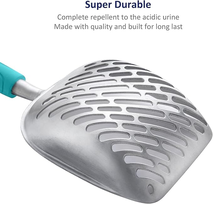 WePet Cat Litter Scoop, Aluminum Alloy Sifter, Kitty Metal Scooper, Deep Shovel with Diagonal Sifting Hole, Long Handle, Kitten Poop Lifter for Litter Box, Medium Size, Green Handle