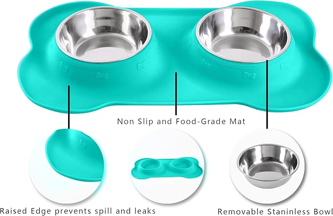 Hubulk Pet Dog Bowls 2 Stainless Steel Dog Bowl with No Spill Non-Skid Silicone Mat + Pet Food Scoop Water and Food Feeder Bowls for Feeding Small Medium Large Dogs Cats Puppies (Large, Mint Green)