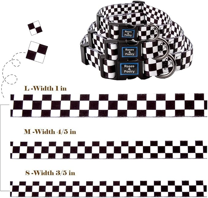 Roses&Poetry Dog Collar with Colourful Checkered Patterns, Adjustable Durable Puppy Collars for Small Medium Large Dogs (Black & White-XS)