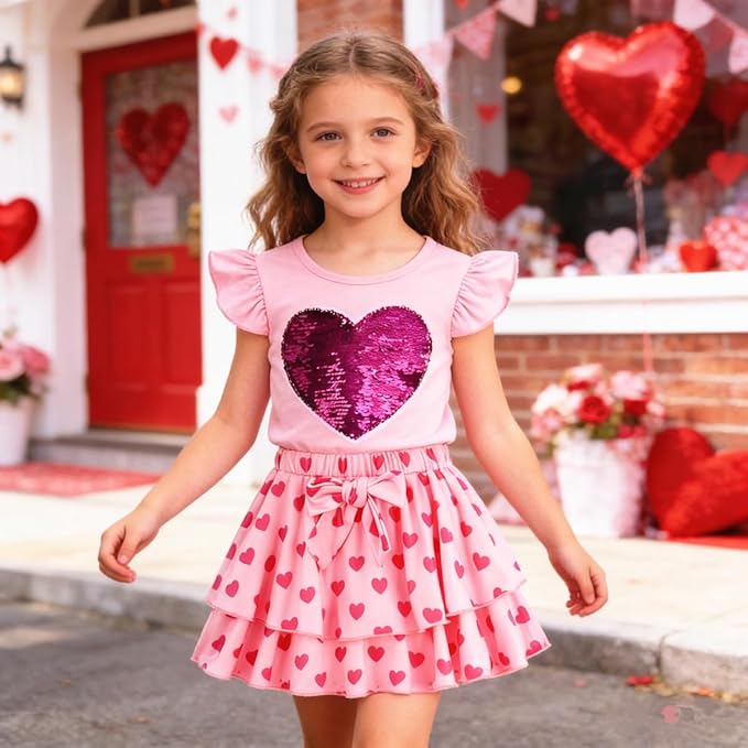Girls Skirt Set 2 Piece Outfit Toddler Summer Clothes Ruffle Sleeve T-Shirt Bow Knot Tutu Skirt Outfit Set