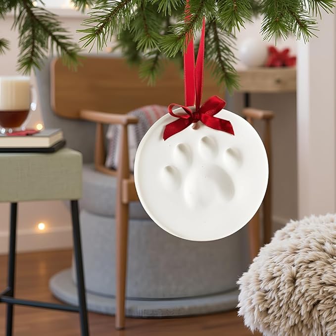 Pearhead Clay Pawprint Christmas Ornament, Pet Owner Holiday Gift, Dog or Cat Paw Print Keepsake, DIY Pawprint Hanging Ornament, Classic Red Ribbon