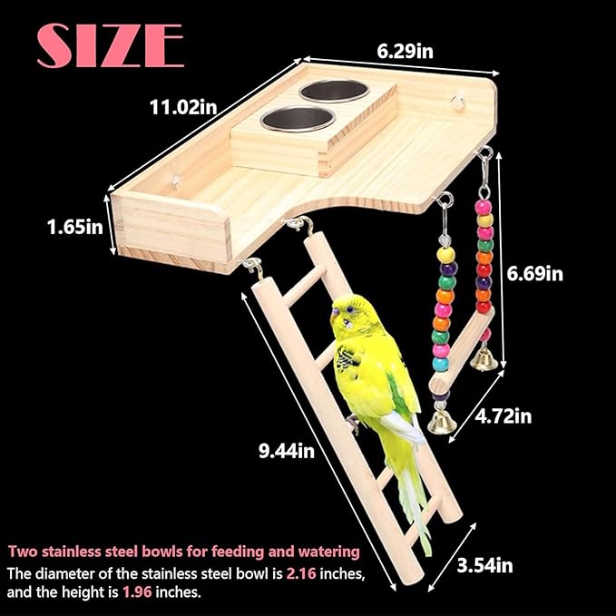 kathson Bird Perches Platform with Climbing Ladder and Swing,Parrot Cage Playground Toys with Food Cups,Parakeet Playing Gyms Wooden Exercise Training Stands for Budgie,Lovebird,Cockatiels