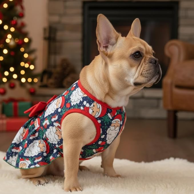 Pohshido Christmas Dog Dress, Winter Holiday Santa Claus Skirt with Cute Bow for Boys and Girls Small Pet Puppies Doggie