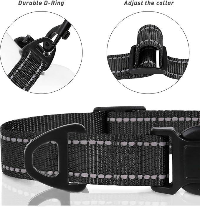 TagME Reflective Nylon Dog Collars, Adjustable Classic Pet Collar with Quick Release Buckle for Large Dogs, Black, 1.0" Width
