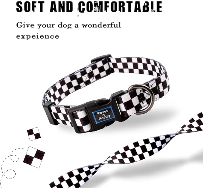 Roses&Poetry Dog Collar with Colourful Checkered Patterns, Adjustable Durable Puppy Collars for Small Medium Large Dogs (Black & White-XS)