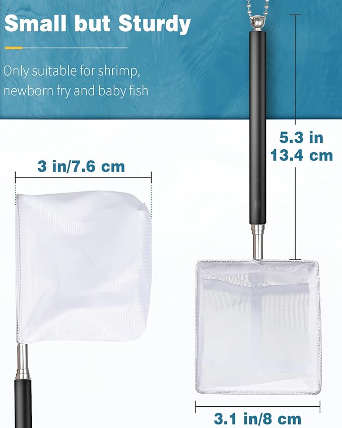 Pawfly Aquarium Shrimp Net 3 Inch Tiny Fish Tank Net with Extendable Stainless Steel Handle Soft Square Fine Net Mesh for Shrimp Baby Fish Food Residue Debris Skimming Net for Fish Tanks & Small Ponds
