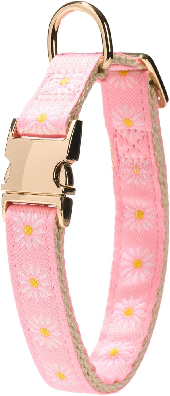 Woven Dog Collar with Metal Buckle Adjustable Jacquard Retro Dog Collars for Small Medium Large Dogs(Pink Daisy,M)