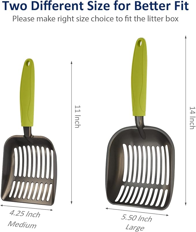 WePet Cat Litter Scoop, Non-Stick Plated Aluminum Alloy Sifter, Kitty Durable Metal Scooper, Deep Shovel, Long Handle, Kitten Pooper Lifter, Size Medium, Coated Black Body with Green Handle