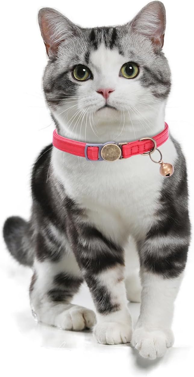 THAIN Leather Cat Collar with Bell Breakaway- Adjustable, Durable, Retro Bell fit Most Cats and Kittens (Red)