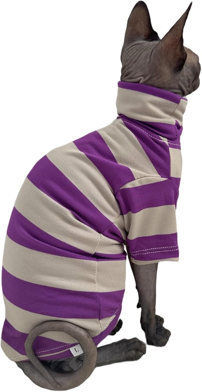 Vintage Stripes Sphynx Hairless Cats Shirt Cotton Cat Turtleneck Pet Clothes Kitten T-Shirts with Sleeves for Sphynx Cats (Wide Purple Grey Stripe, Medium)
