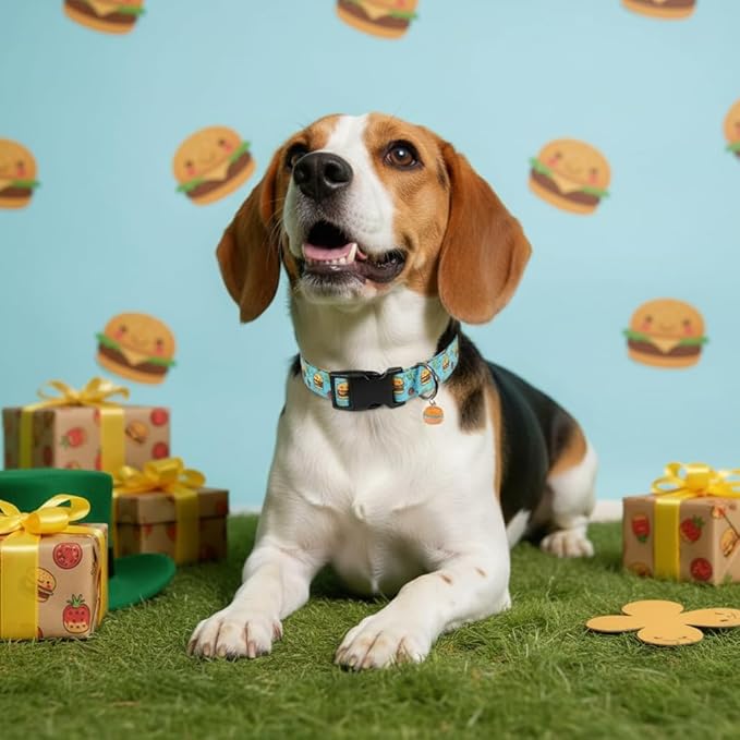 Cute Dog Collar, Blue Dog Collar with Burger Pattern and Cute Charm, Puppy Collar with Quick Release Buckle and Durable Fabric, Suitable for Medium and Large Dogs