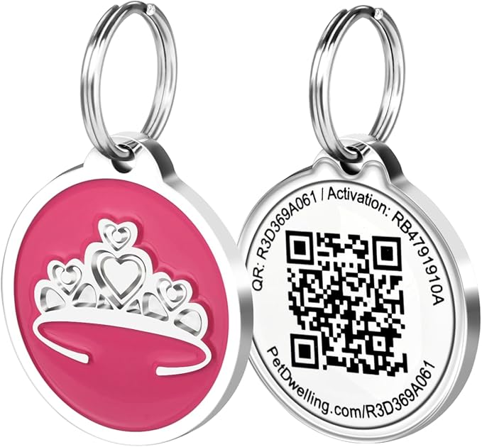 Pet Dwelling QR Code Pet ID Tag – Smart Dog & Cat ID Tags for Pet Safety, Free Personalized Online Profile, Instant Scan Alerts, AI Insights (Pink Tiara)
