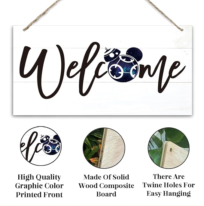 Welcome Sign for Front Door, Welcome Decor Wooden Hanging Sign for Wall Decor, Star Cartoon Characters Signs, Funny Wooden Outdoor Front Door Hanging Decoration 13.8X6.9 inches