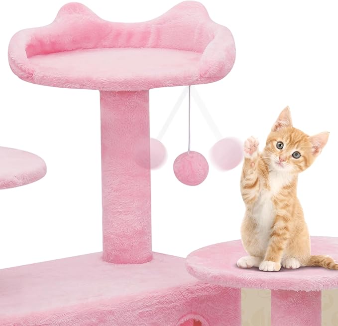 Athena Collection 54 Inch Cat Tree for Indoor Cats, Multi-Level Tower With 2 Condos, Scratching Post & Dangling Ball, Tall Climbing Center, Pink