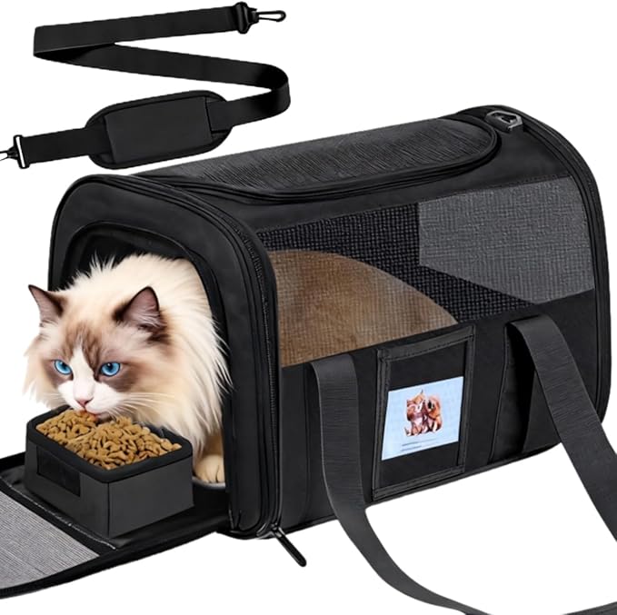 Soft Cat Carrier for Pets Up to 15 lbs, TSA Approved for Airline in-Cabin, Cat Travel Bag with Detachable Cat Food Bowl, Pet Carriers for Small Dogs, Waterproof Travel Puppy Carry, Black
