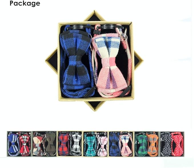Cat Collar Breakaway with Bell and Bow Tie, Plaid Design Adjustable Safety Kitty Kitten Collars Set of 2 PCS (6.8-10.8in) (Pink&Blue Plaid)