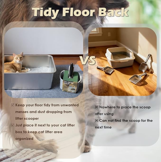 4-in-1 Cat Litter Scoop with Holder, Cat Litter Box Organizer Cleanup Kit - Sweeper & Dustpan, Aluminum Kitty Litter Scooper and Storage Caddy (Black)