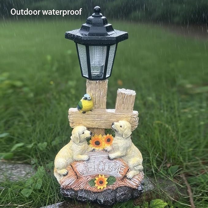 Outside Dog Statue with Solar Lantern, Garden Welcome Sign Dog Solar Figurines Light, Patio Outdoor Decoration, Balcony Lawn Decor, Unique Birthday House Warming Gift for Women, Mom, Grandma