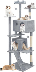 Athena Collection Cat Tree, 77 Inch Cat Tower for Indoor Cats, Multi-Level Cat Tree Tower Activity Center with 2 Cat Condo & Cat Scratching Post & Dangling Ball, Tall Cat Tree, Light Gray